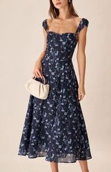 Rihoas Navy Floral Sweetheart Neck Midi Dress Blue Photo 0