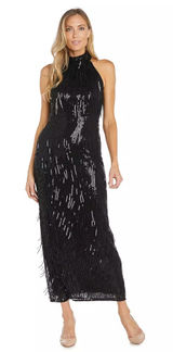 NEW R&M Richards Embroidered Sequin Fringe Column Mock Neck Halter Dress Wedding Photo 0