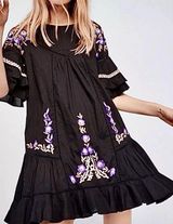 PAVLO 100% Cotton Embroidered Black Dress S Ruffle Boho 3/4 Sleeve Photo 0