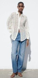 Zara White Combination Crochet Button-up Shirt Photo 0