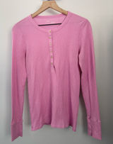 Aerie Large Waffle Knit Henley Long Sleeve T-Shirt Pink Soft Girl Bella Elena Photo 0