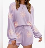 Ekouaer Floral Purple Knit Long Sleeve and Shorts Pajama Set Photo 0