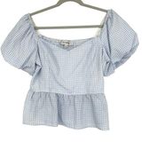 Lily White  Light Blue Gingham Plaid Smocked Crop Top Short Puff Sleeves Size L Photo 0