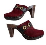 Coach Sz 6 Burgundy Red Suede Felicia Wood Heeled Clog Gold Horsebit Buckle Photo 0