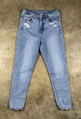 American Eagle Mom Jean Women's Size 4 Blue Distressed High-Rise Tapered Leg‎ Photo 0