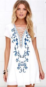Lulus White With Blue Embroidered Shift  Photo 0