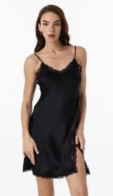 Victoria's Secret Tease Satin Lace Trim Mini Slip Gown S *Black* Vintage Photo 0