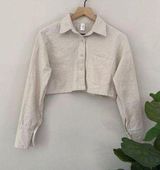 Commense Linen Blend Button Down Collared Long Sleeve Crop Top Collared Beige XS Tan Photo 0