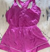 VS PINK SATIN PJ SHORTIE SET Racerback Tank XL + M Shorts LOGO PRINT Photo 0