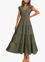 NEW Army Green Cap Sleeve V Neck Smocked Beach Sundress XL Green Photo 0