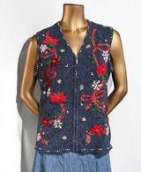 Erika  Vintage Blue Knit Beaded Christmas Cardigan Sweater Full Zip Vest Size M Photo 0