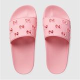 Gucci Pursuit GG Logo Rubber Slip On Open Toe Wide Strap Flat Slide Sandals Pink Photo 0