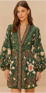 FARM Rio Green Pineapple Garden Long Sleeve Mini Dress M Photo 0