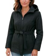 Jones New York Belted Pea Coat Jacket Size Small Charcoal Fabric Coat with Hood Photo 0