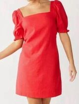Red Linen Puff Sleeve Dress Photo 0