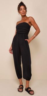 Flawless Comfort Black Ruched Strapless Jogger Jumpsuit Photo 0