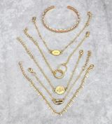 None Gold Charm Cuff Chain Link Circle Bracelet Set of 6 Fashion Jewelry JB2-48 Photo 0