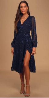 Navy Blue Floral Wrap Dress Photo 0