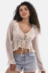 No Boundaries Ivory Ruffle Tie-Front Crop Top  Blouse; Medium, NEW Photo 0