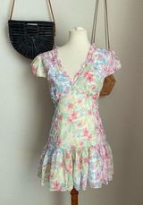 For Love Bell Floral V Neck Mini Dress, Size Large Gold Photo 0