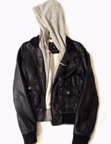 Obey Black Leather Jacket With Grey Hoodie Photo 0