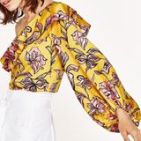 ZARA ‎ One Shoulder Yellow Pink Ruffle Bodysuit Blouse SIZE LARGE bold statement Photo 0