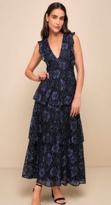 Lulu’s Molinetto Navy Blue Lace Ruffled Tiered Sleeveless Maxi Dress, size Large Photo 0