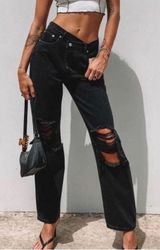 Princess Polly Wide Leg Highrise Jeans Black Holly Asymmetric Button Fly Waist 4 Photo 0