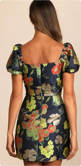 Lulus Womens HOCO So Stunning Floral Jacquard Puff Sleeve Mini Dress Size M‎ Photo 0