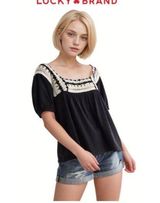 NWT Lucky Brand 100% Cotton Boho Crochet Short Sleeve Shirt Top Peasant Size M Photo 0