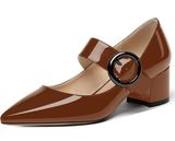 Wayderns Mary Jane Adjustable Strap Point Toe Patent Chunky Low Heels S 9/EU 40 Brown Photo 0