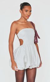 Pretty Little Thing Stone Pinstripe Bandeau Tie Back Bubble Mini Dress Photo 0