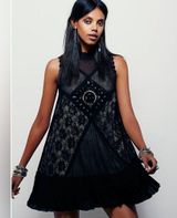 Black Angel Lace Mini Dress EUC Large Lined Pleated Back Cutout Photo 0