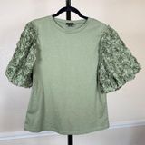 Cottagecore Puff Sleeve Large Rosette Green Stretch Floral Textured Modest Top Photo 0