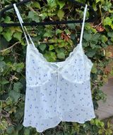White Semi Sheer Floral Y2K Tank Top with Lace & Floral Details Size 10 Photo 0