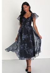 Lulus NWOT Black Floral Mesmerizing Mood Organza Ruffled A-Line Midi Dress XL Photo 0