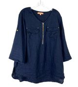 Ellen Tracy  Womens 1X 100% Linen Top Tunic Blue Gold Zipper Blouse Plus Size Photo 0
