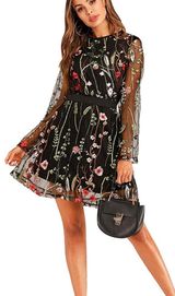 Black Flowered Mini Dress With Sheer Sleeves Size L Photo 0