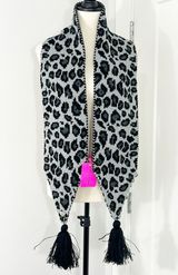 New Betsey Johnson Silver, Black Animal Print Scarf with Tassels Photo 0