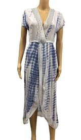 Blue Island  Blue White Crochet Lace Trim Slit Short Sleeve Swim Coverup Size XS Photo 0