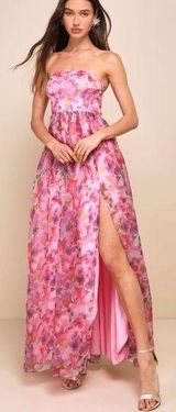 LULU’S Wonderful Waltz Pink Floral Print Strapless Bustier Maxi Dress Photo 0