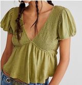 FREE PEOPLE Women’s Charolette Puff Sleeve Peplum Green Knit Top Photo 0