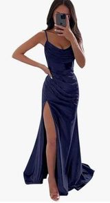 Navy Blue Slit Prom Dress Size 2 Photo 0