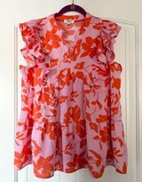 Umgee Pink & Orange Double Ruffe Cap Sleeve Floral Open Neck Top Photo 0