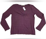 LOFT Plum Pointelle Cinched Bust V-Neck Long Sleeve Sweater Photo 0