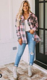 These Three Boutique Oversized Flannel Jacket - Pink/Grey Photo 0