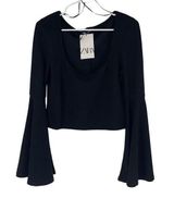 Zara Womens Flare Long Sleeve Blouse Top Stretch Scoopneck Black Size Medium NWT Photo 0