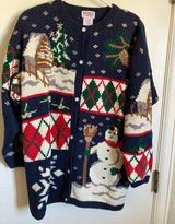 PBJ Sport Vintage Navy Ugly Christmas Ramie Blend Button Up Cardigan Sweater Blue Size L Photo 0