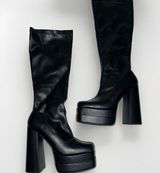 Women Knee High Boots Sz 8 Faux Leather Zip Up Block Thick High Heels Boots Photo 0