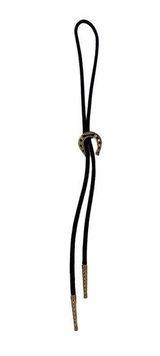 Western Black Corded Bolo Tie w/ Gold Tone Metal Horseshoe EUC Unisex Cowboy Photo 0
